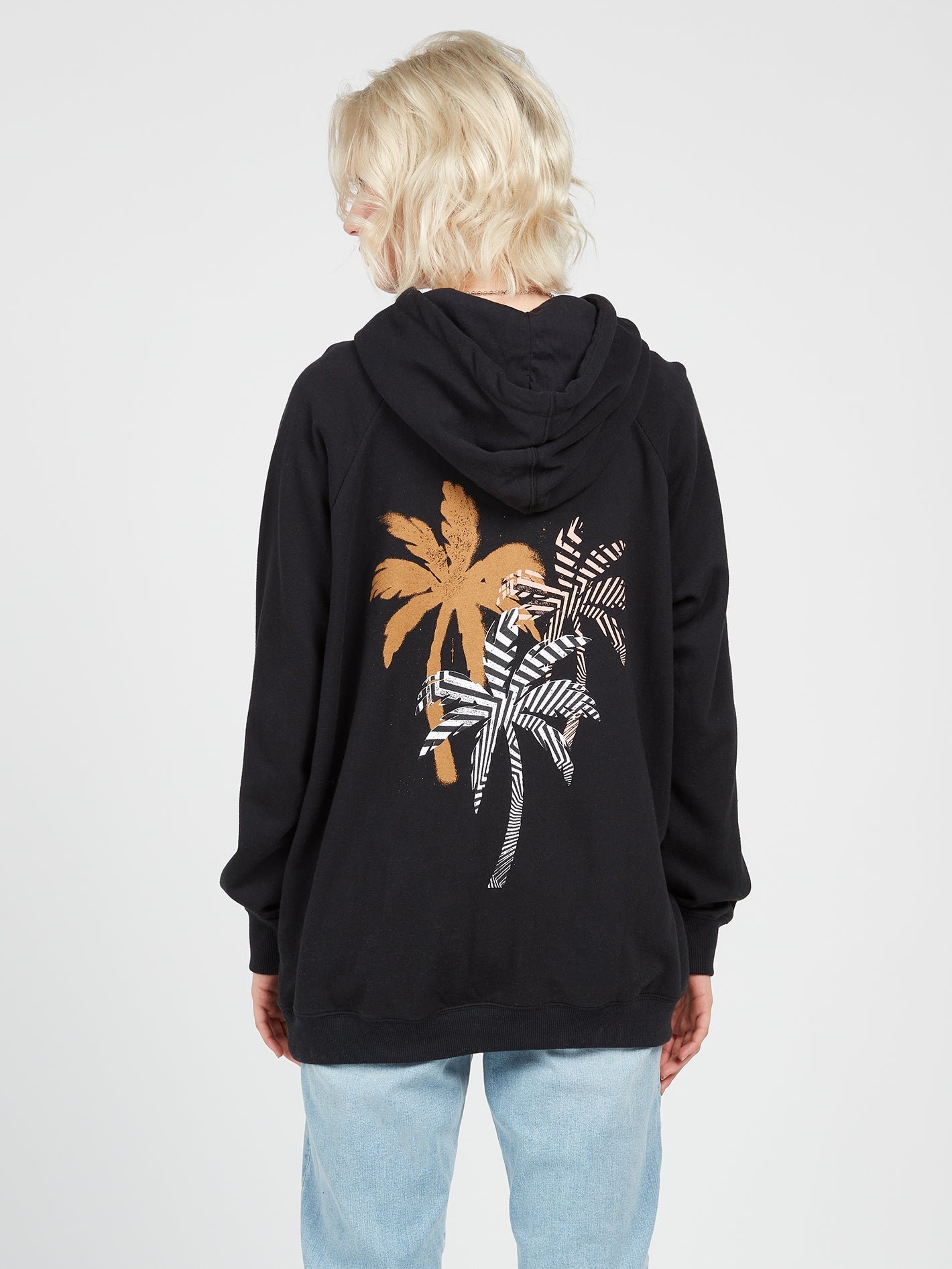 Truly Stoked Palm Tree Graphic Boyfriend Hoodie - Black